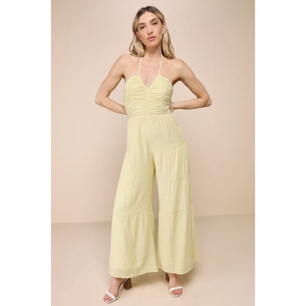 Lulus Vacay Charisma Light Yellow Textured Tiered Halter Jumpsuit - Size M